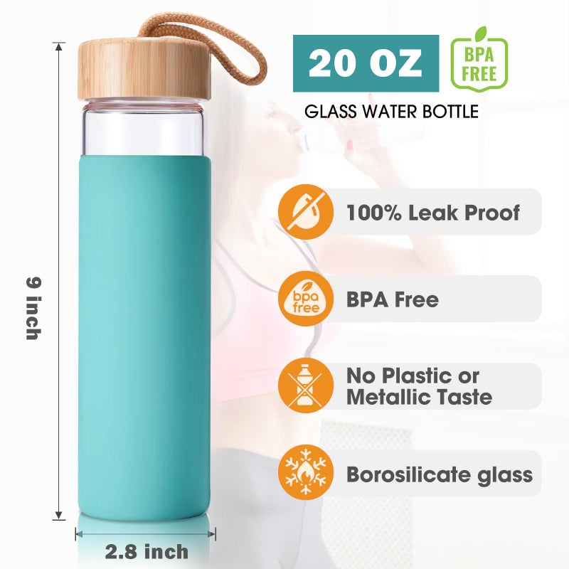 Yomious 20 Oz Borosilicate Glass Water Bottles with Silicone Sleeve BPA Free, Dishwasher Safe - Reusable Clear Glass Drinking with Leak Proof Bamboo Lid | Perfect Gym Water Bottles for Men & Women - Image 3